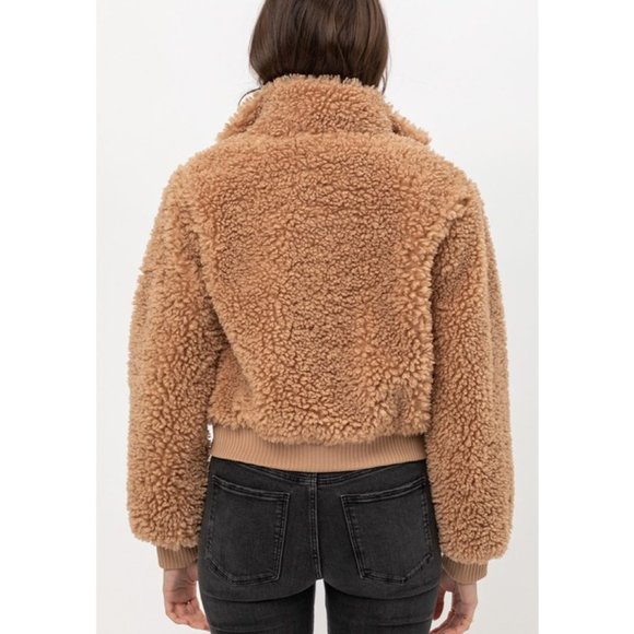 NEW Camel Cozy Soft Fluffy Fur Teddy Bomber Jacket - Picture 3 of 10